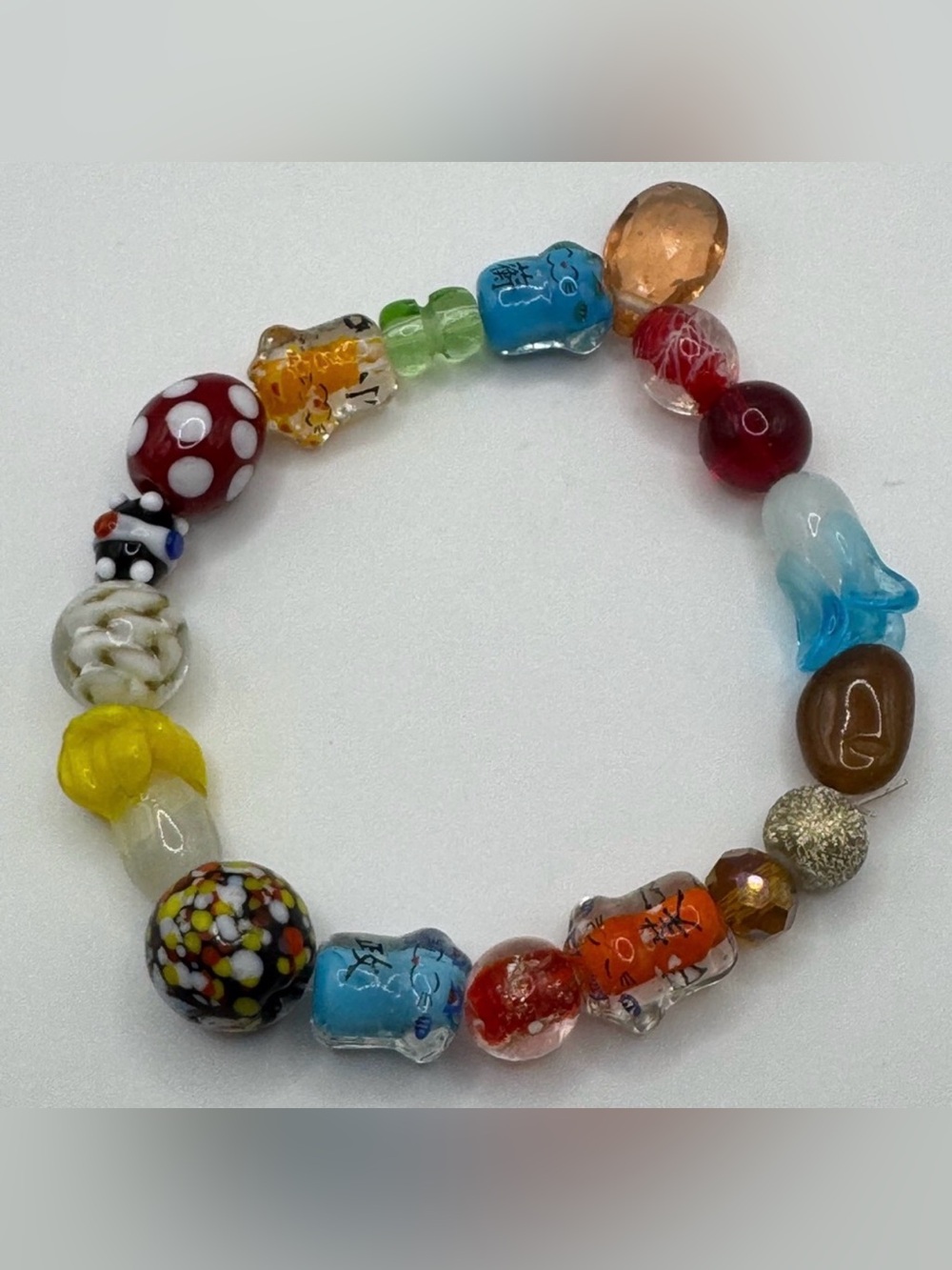Whimsical Artisan Lampwork Glass Bead Stretch Bracelet Mixed Charm Chunky